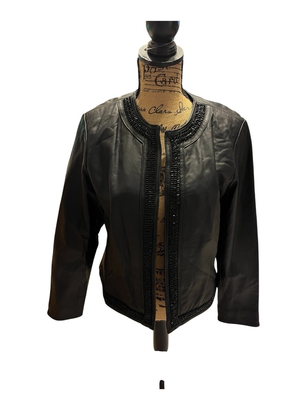 Chico's Black Leather Collarless Jacket with Decorative Trim